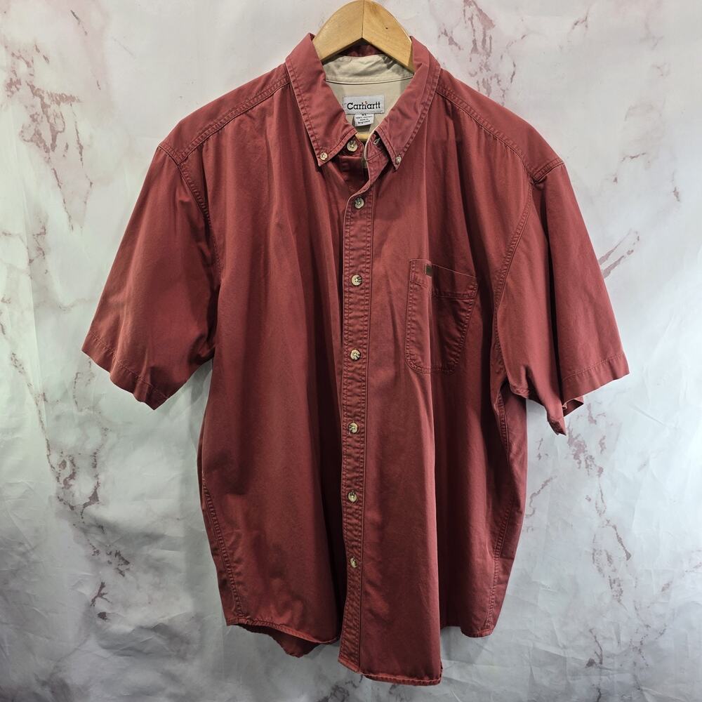Carhartt Shirt Mens XL Orange Rust Short Sleeve Button Down Thick Vintage
